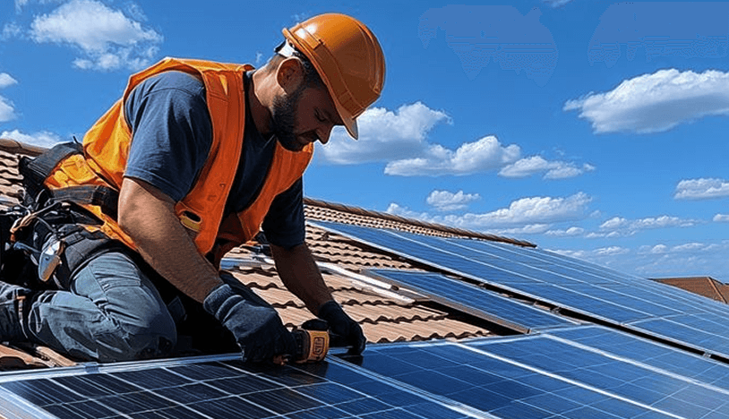 Família e painéis solares